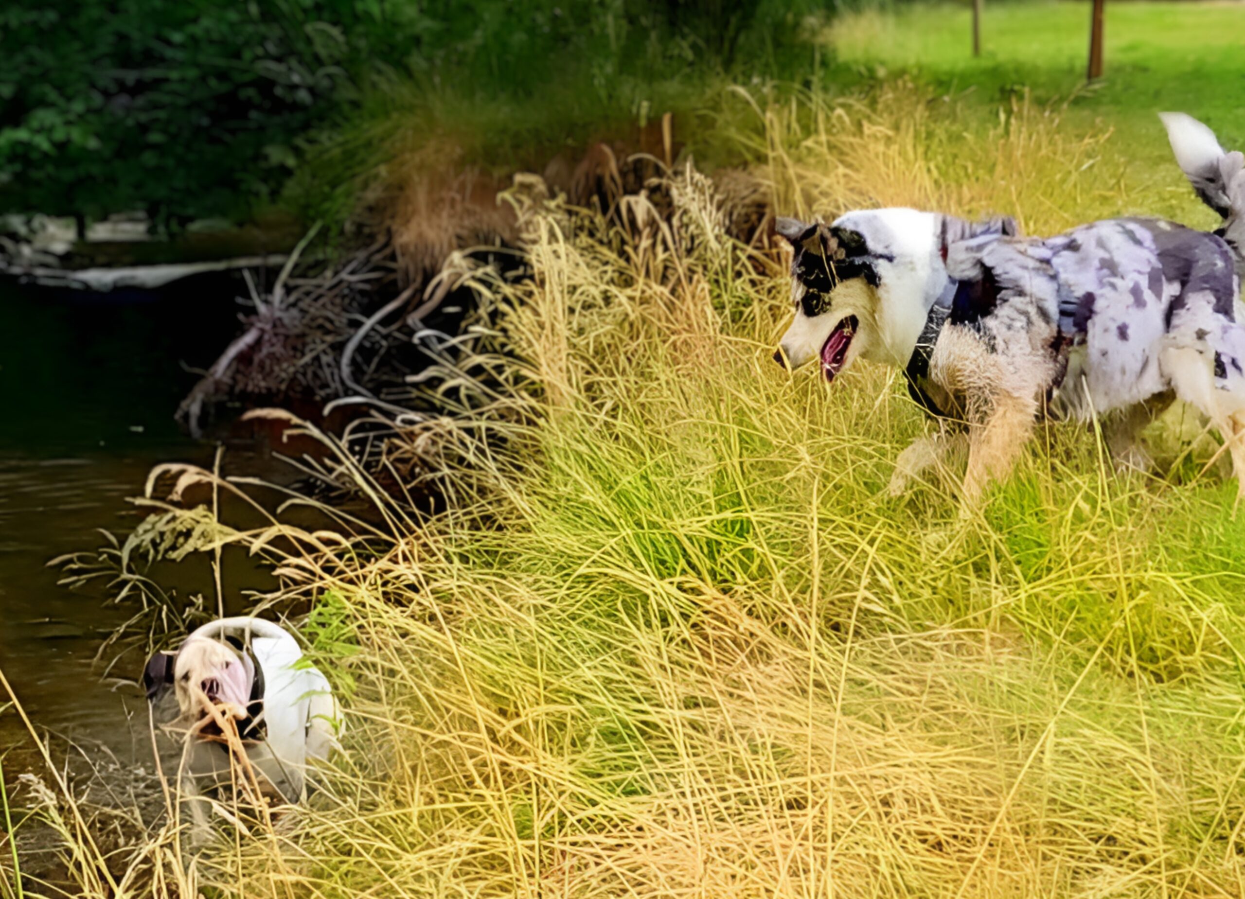 chien Chien se baignant dans la rivière du camping Les Trois Sources dans le Lot, région Occitanie, moment nature et pet friendly pour les familles.