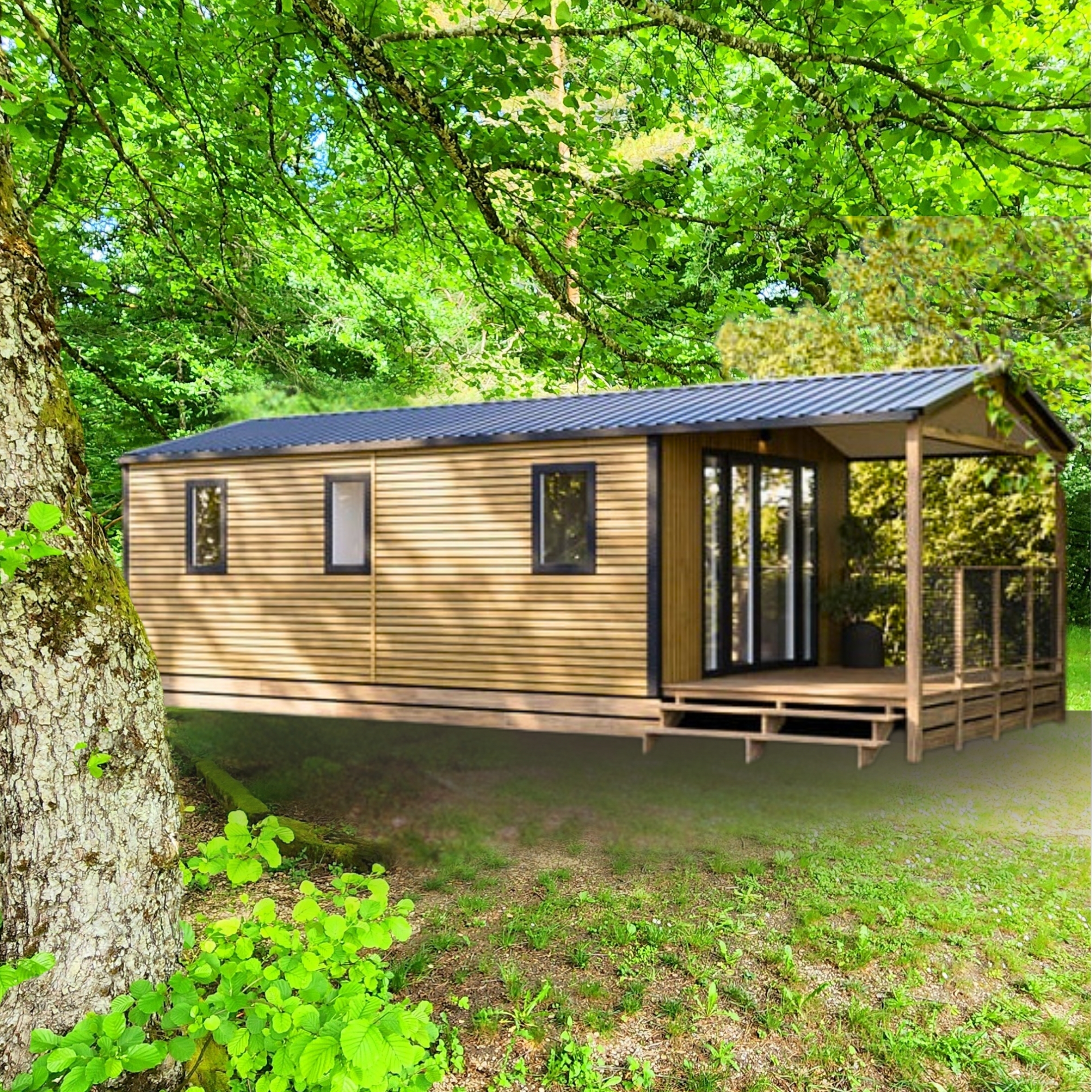 Mobil-home supérieur glamping 2 chambres tout équipé avec terrasse, parasol et salon de jardin au camping Les Trois Sources, hébergement familial et animaux acceptés.